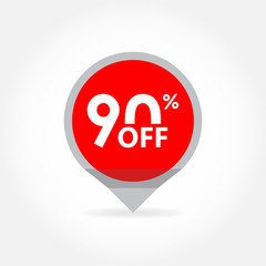 90% price off pointer or marker. Sale and discount tag icon. Vector illustration.