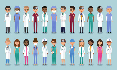 Doctors, nurses and surgeons characters. Animated medical people. Flat avatars. Vector. Set icons isolated on blue background. Healthcare professional. Hospital staff. Medicine concept.