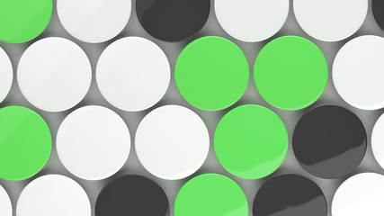 Blank black, white and green badges on white background
