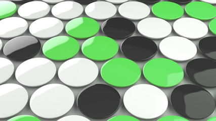Blank black, white and green badges on white background