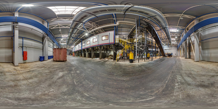 360 panorama view in modern waste hazardous recycling plant and storage. Full 360 by 180 degrees panorama in equirectangular spherical projection, skybox VR content