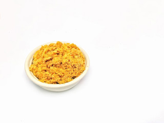 Dried shredded pork in bowl, isolated on white