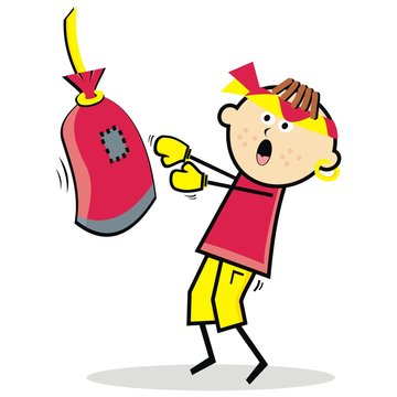 pugilist, boy and boxing bag, funny vector illustration
