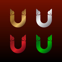 Letter U logotype with Thai art style, Metallic Glossy texture, Gold and Silver, Red and Green, Beautiful Luxury, Thai vintage Logo for your Corporate identity