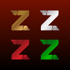 Letter Z logotype with Thai art style, Metallic Glossy texture, Gold and Silver, Red and Green, Beautiful Luxury, Thai vintage Logo for your Corporate identity