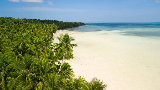 Aerial shot of white deserted tropical beach