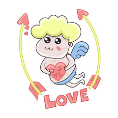 kawaii cute Cupid card for Valentines day, vector illustration.