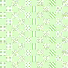 Fashionable green square pattern. Vector ornament in a flat style. Decorative elements for print on fabric. Vegetative and geometric design for designers. Clipart ornament in pastel colors.