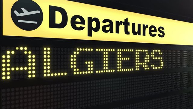 Flight to Algiers on international airport departures board. Travelling to Algeria conceptual intro animation