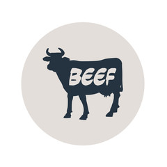 Icono plano BEEF en vaca en circulo gris