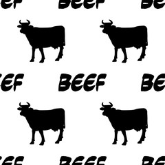 Icono plano patron con BEEF y vaca negro sobre fondo blanco