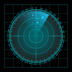 Military green radar screen with target. Futuristic HUD interface. Stock vector illustration.