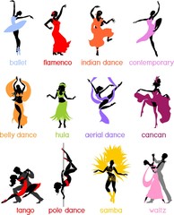 Obraz premium Various style dancing. Silhouettes of dancing people.