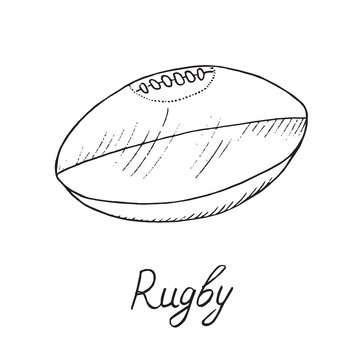 Rugby ball, hand drawn doodle sketch with inscription, isolated vector outline illustration