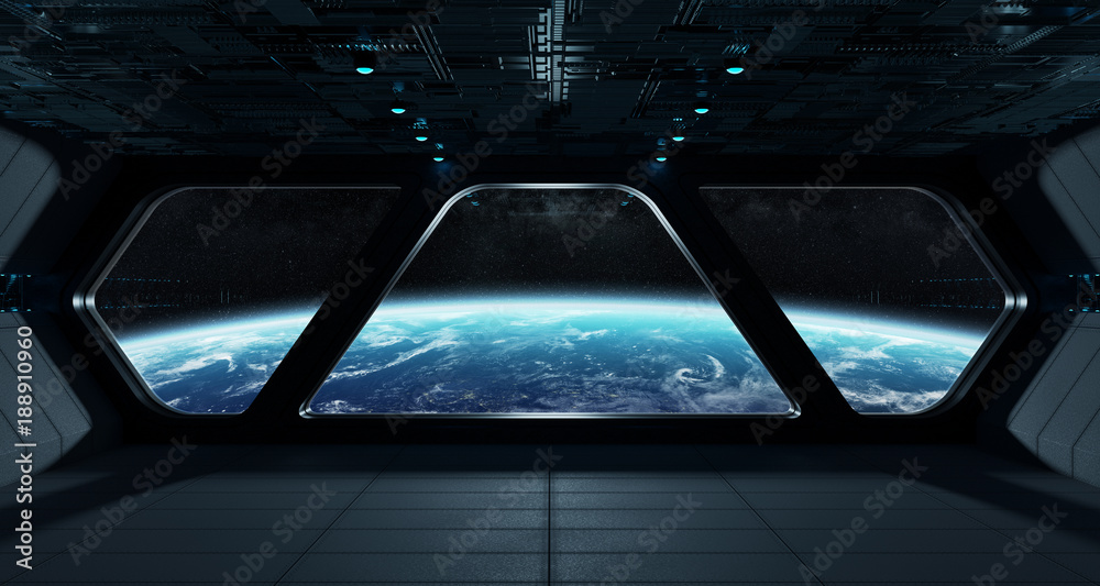 Poster spaceship futuristic interior with view on planet earth