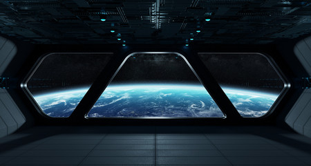 Naklejka premium Spaceship futuristic interior with view on planet Earth