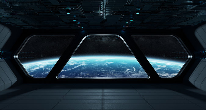 Spaceship futuristic interior with view on planet Earth