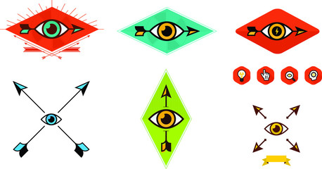 Set of logos for the company. Vector image isolated on white background. Logo of the eye and arrow. Different variants of arrows and eyes. Corporate style of the company. Icons and signs.  
