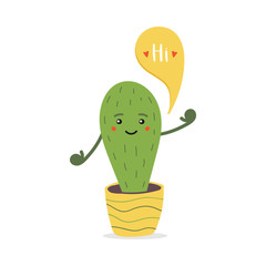 Cute cartoon vector cactus character in pot waving and saying Hi.