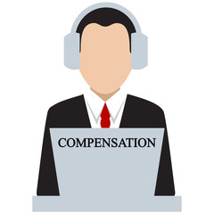Businessman in headphones. Business illustration with the inscription:compensation