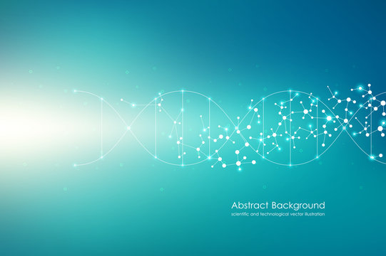 Vector molecule background, genetic and chemical compounds. Abstract connected lines with dots, medical, technological and scientific concept.