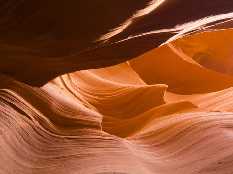 Eroded rock formations inside the Lower Antelope Canyon near Page, Arizona (USA). The sandstone slot canyon is a major tourist attraction.
