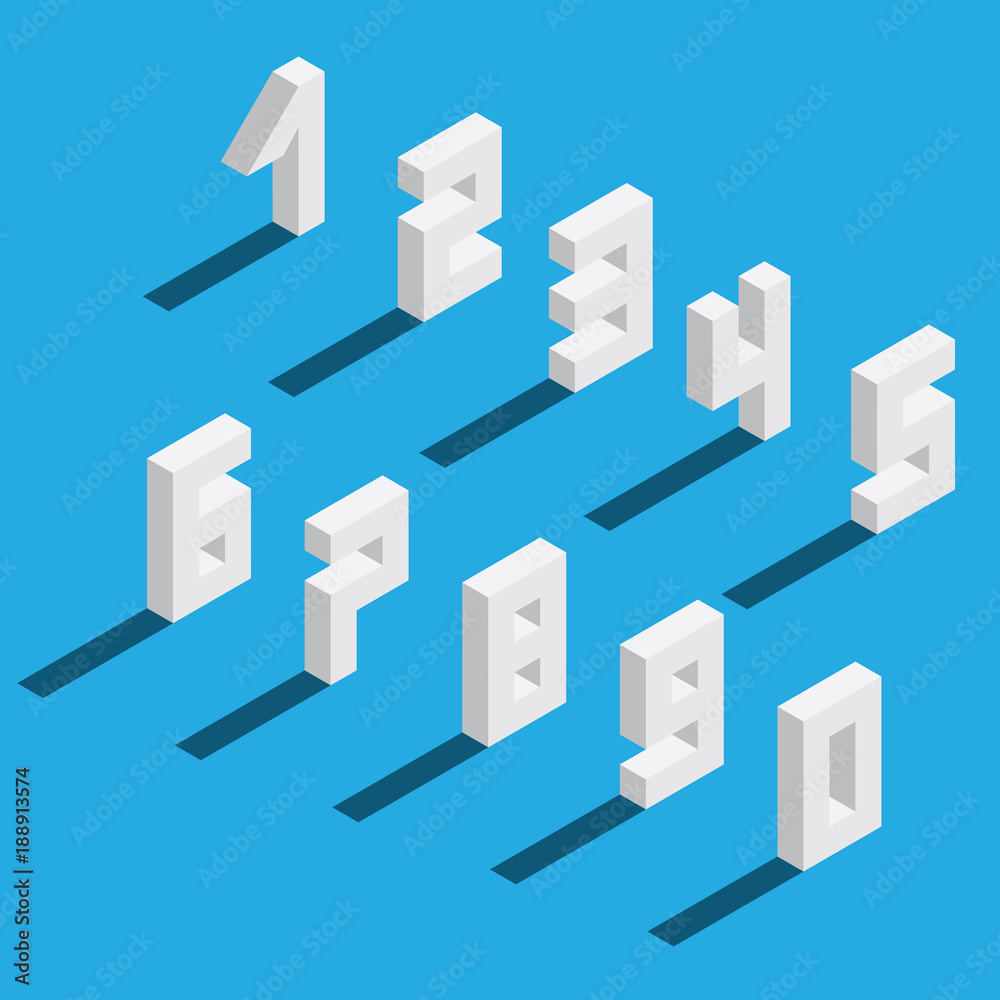 Poster vector set with numbers sequence from 1 to 9 and zero, drawn in isometry. isolated on bright backgro