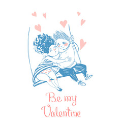 Hand drawn Valentine's Day greeting card. Sweet couple on a swing