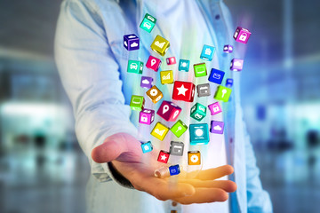 3D render Colorfull application cube displayed on a futuristic interface
