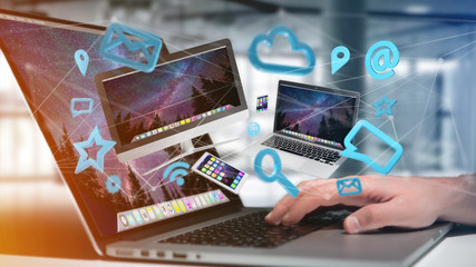 Devices like smartphone, tablet or computer flying over connection network and app- 3d render