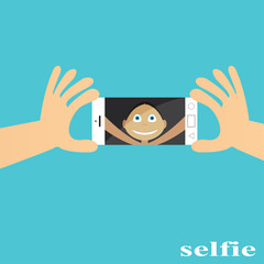 Taking Selfie Photo on Smart Phone concept on blue background. vector illustration