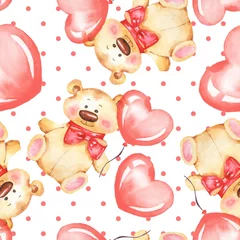 Papier Peint photo Animaux avec ballon Modèle sans couture avec ours en peluche et ballons. La Saint-Valentin. Illustration à l& 39 aquarelle