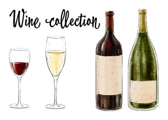 Two bottles of wine with two glasses isolated on white background. Wine collection. Vector illustration.