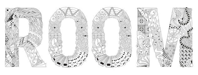Word ROOM for coloring. Vector decorative zentangle object