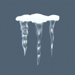 Set realistic transparent winter snow icicles, snowballs. Christmas snowflakes, snowdrifts.