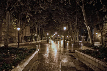 Night view of the archiepiscopal palace square in Alcala de Henares (Spain) with wet cobblestone floor and reflecting lights on a cold and rainy night