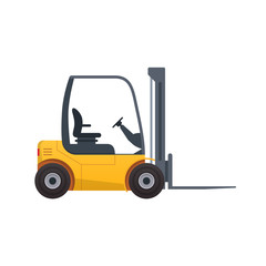 Forklift truck. Fork loader, pallet with stacked boxes, distribution warehouse.