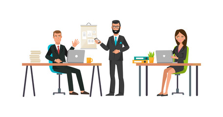 Office workers, partners, analyzing state of current affairs of company.