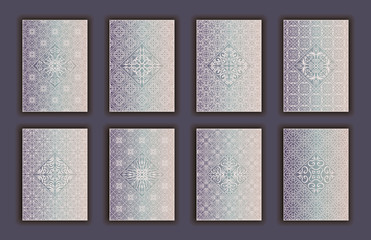 Card set with mosaic lace decorative elements background. Asian Indian oriental ornate banners.