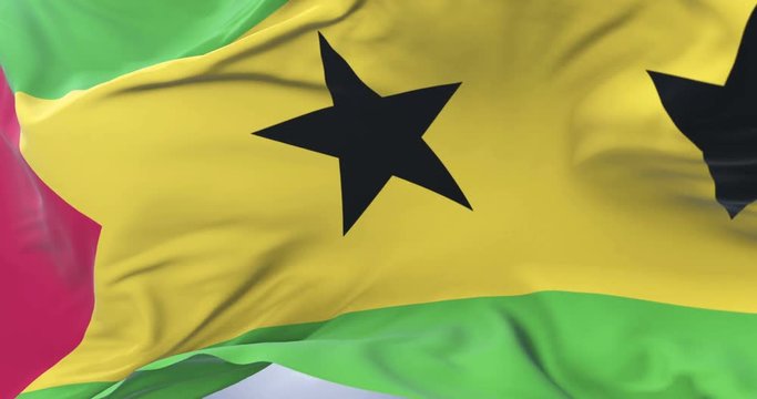 Flag of Sao Tome and Principe waving at wind in slow with blue sky, loop