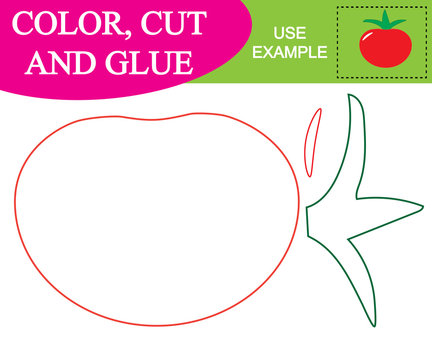 Color, cut and glue to create the image of tomato (vegetables). Educational game for children. Vector.