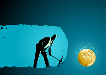 Businessman digging and mining to find bitcoin