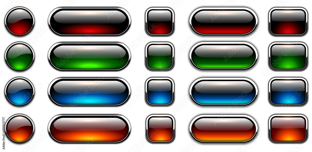 Aufkleber glossy buttons set with metallic, chrome elements 3d gel badges.
