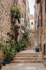 Fototapeta na wymiar The narrow street in the old town of Dubrovnik, Croatia
