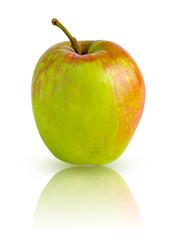 Light green apple with red spots isolated on a white background with mirror reflection