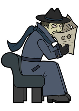 Hidden Spy/ Illustration a secret spy detective in a classic disguise coat, 
sitting on a bench, peeping through a newspaper with holes