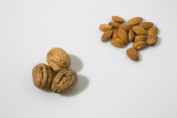 Walnuts and almonds composition in a white background
