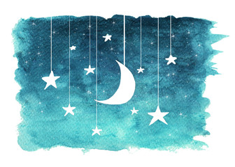 The moon and stars hanging from strings painted in watercolor on white isolated background, night sky background