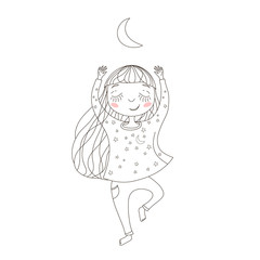 Cute  little girl exercising yoga under the moon