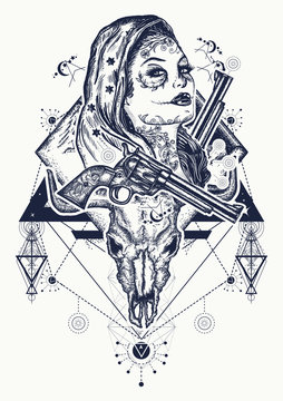 Mexican criminal tattoo art and t-shirt design. Wild west woman, bull skull and mountains tattoo. Santa muerte girl. Sugar Skull. Santa Muerte mexican woman, old revolvers, crime scene